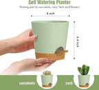 WSMKSZ 4 inch Self Watering Pots for Indoor Outdoor Plants, 6 Pack Plastic Flower Planters with Drainage Holes and Removable Saucers, Plant Pots with Wicking Rope, Modern Decor, Green Brown