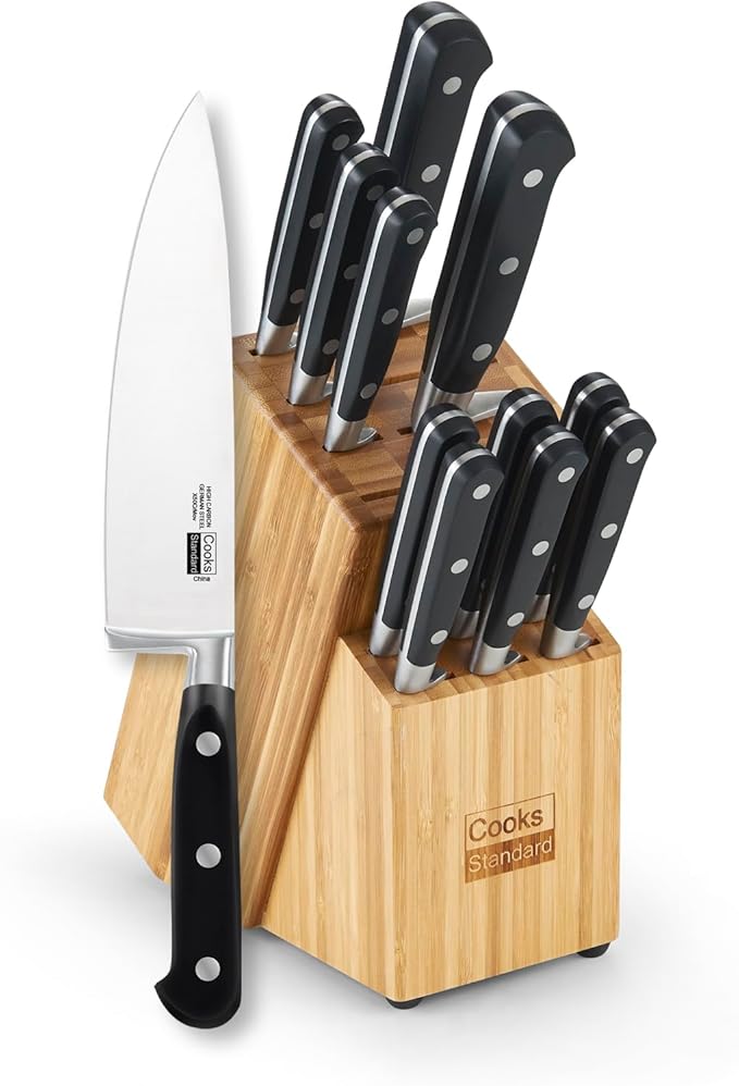 Cooks Standard Kitchen Knife Set with Block 12-Piece, Stainless Steel Forge High Carbon German Blade with Expandable Bamboo Storage Block for Extra Slots, Black