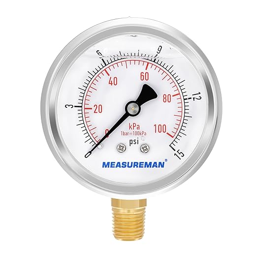 MEASUREMAN 2-1/2inch Dial Size, Glycerin Filled Pressure Gauge, 0-15psi/100kpa, 304 Stainless Steel Case, 1/4inch NPT Lower Mount
