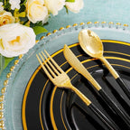 Rubtlamp 96 Pcs Gold Disposable Silverware, Plastic Cutlery, Gold Utensils Plastic with Black Handle Include 32Forks, 32Spoons, 32Knives for Party