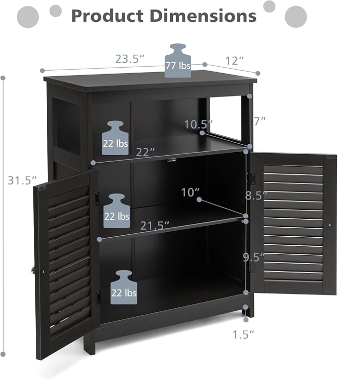 Tangkula Bathroom Floor Cabinet, Wooden Freestanding Storage Cabinet with Double Shutter Door & Adjustable Shelf, Storage Cabinet for Bathroom Living Room (Black)