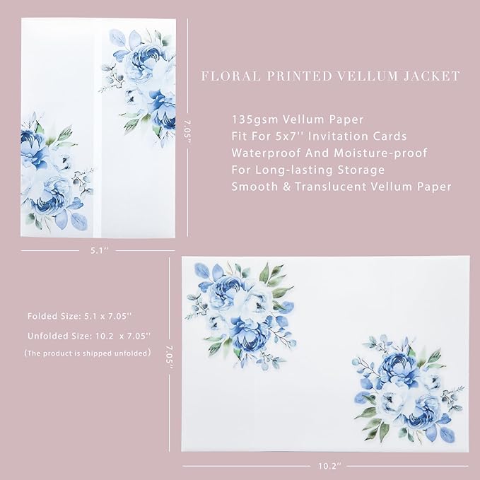 PONATIA 50PCS Vellum Jackets for 5x7 Invitation Cards- 135GSM Light Blue Floral Printed Vellum Sleeves, Quinceanera Wedding Invitation Cards Wraps, Transparent Christmas Gift Cards Jackets