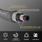 Heavy Duty Premium Garden Hose 50ft x 5/8", 300PSI Working, 1000PSI Burst, Hybrid Rubber Water Hose with Transparent Swivel Handle - Hot/Cold Water - Five Layered Braiding with Brass fittings (Grey)