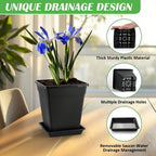 BTPLASTIK Square Plastic Planter 8 Inch, Plant Pots with Drainage Hole & Tray, 10 Pack Modern Decorative Garden Pot with Saucer, 1 Gallon Flower Pots Planters for Indoor Outdoor Plants