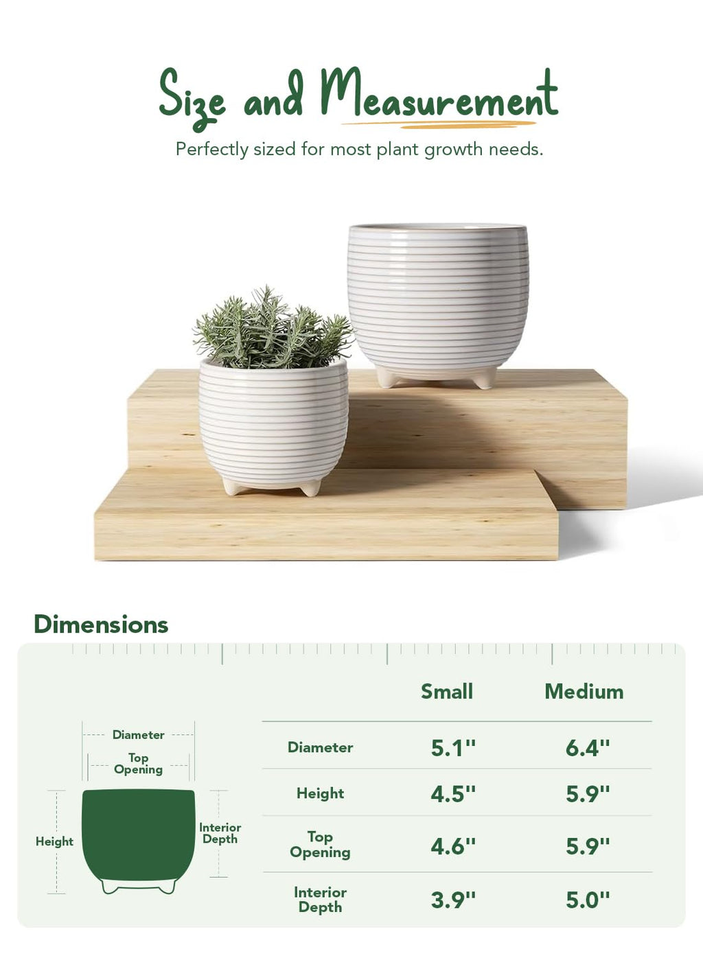 LE TAUCI Ceramic Plant Pots, 5.1 + 6.4 Inch Footed Pots for Plants, Modern Flower Pots for Home and Office, Indoor Planters with Drainage, Reactive Glaze White