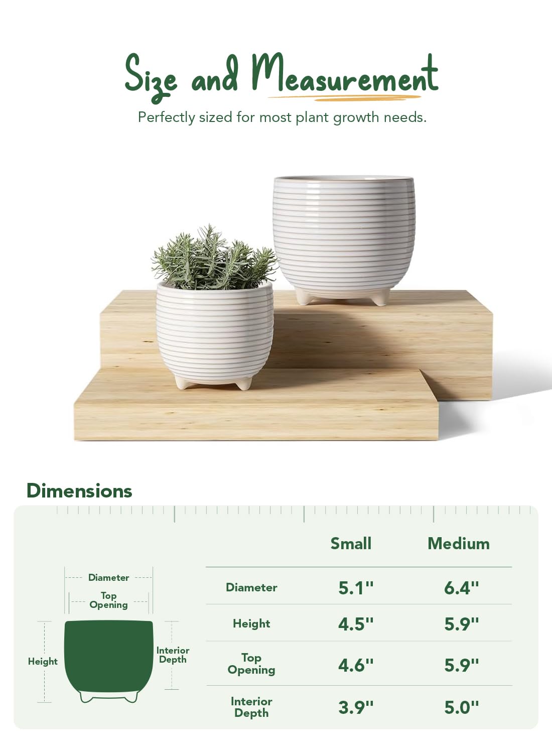 LE TAUCI Ceramic Plant Pots, 5.1 + 6.4 Inch Footed Pots for Plants, Modern Flower Pots for Home and Office, Indoor Planters with Drainage, Reactive Glaze White