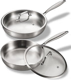 Tri-Ply Stainless Steel Pan Set, PFOA and PTFE-Free Skillet Griddle, Stainless Steel Pan Set with Lid for the Kitchen, Induction-Compatible Cookware Sets, Dishwasher and Oven Safe