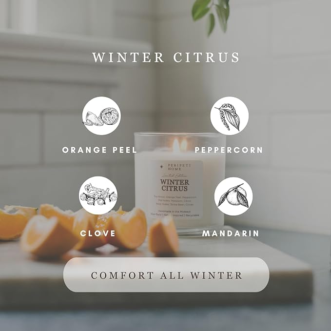 PERIPETI Home Winter Citrus Scented Candle, Classic Wick – 8.5oz Natural Soy Wax for Energizing Aromatherapy, Long-Lasting Burn