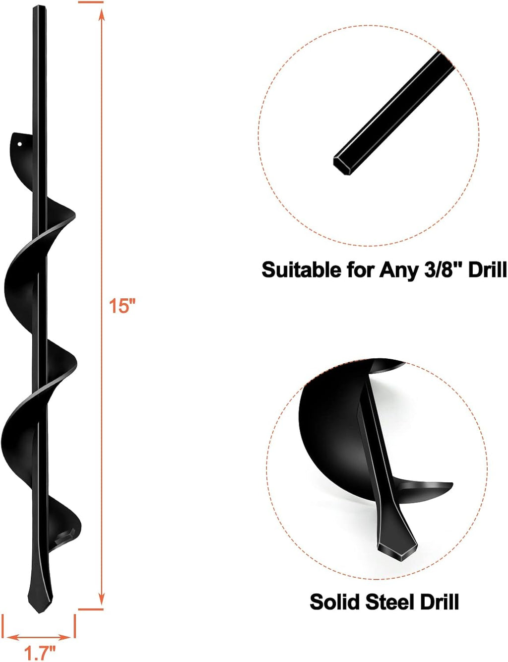 LONGRUN Auger Drill Bit for Planting-1.7"x15" Planting Auger, Garden Spiral Hole Drill Bulb Planter Tool for Planting, Bedding Plants, Flowers, Umbrella Holes - 3/8 Inch Hex Drive Drill Augers
