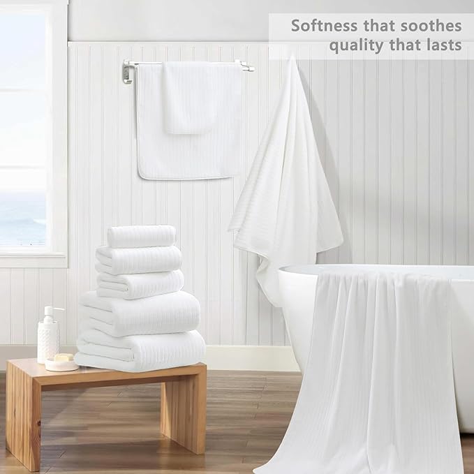 18 Piece Bath Towels Set,Ultra Soft Family Bathroom Towel Set with Hanging Loops-6 Bath Towels,6 Hand Towels,6 Washcloths,Highly Absorbent Quick Dry Shower Towel for Bathroom,Hotel,Spa-White Towel Set
