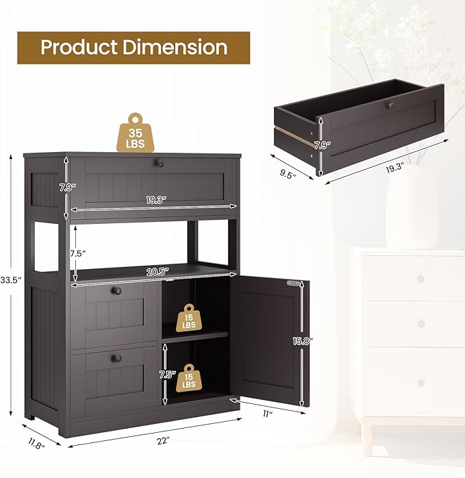 Bathroom Cabinet, Modern Bathroom Floor Storage Cabinet Organizer with 1 Door and 3 Drawers, Freestanding Cupboard for Kitchen/Living Room Use