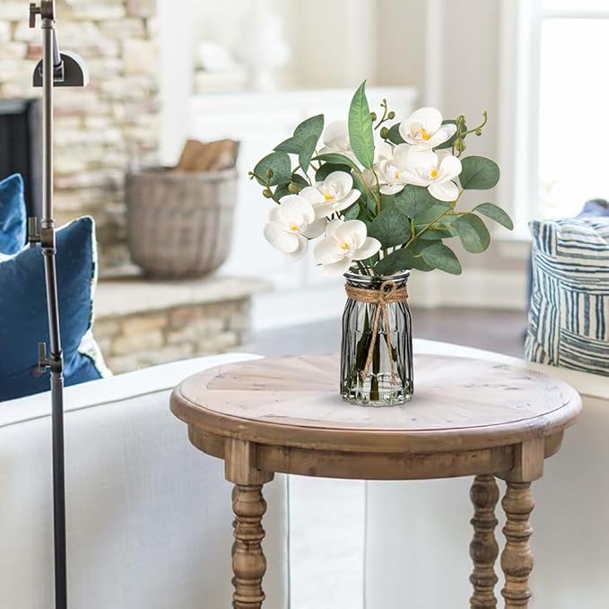White Orchids Artificial Flowers with Vase Fake Flower in Vase Artificial Eucalyptus Stems in Glass Vases with Faux Water Faux Orchid with Eucalyptus Leaves Arrangement for Dining Table Centerpiece