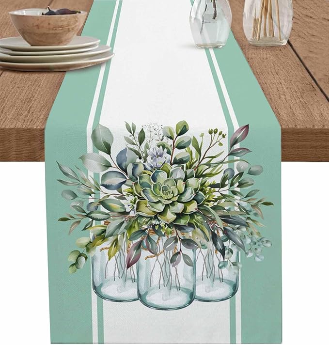 Eucalyptus Cotton Linen Table Runner for Dining Kitchen, Wedding Outdoor Party Tablerunners Decoration, Green Leaves Botanical Plants Watercolor Dresser Scarf Coffee Tablecloth Runners 13x48 Inches