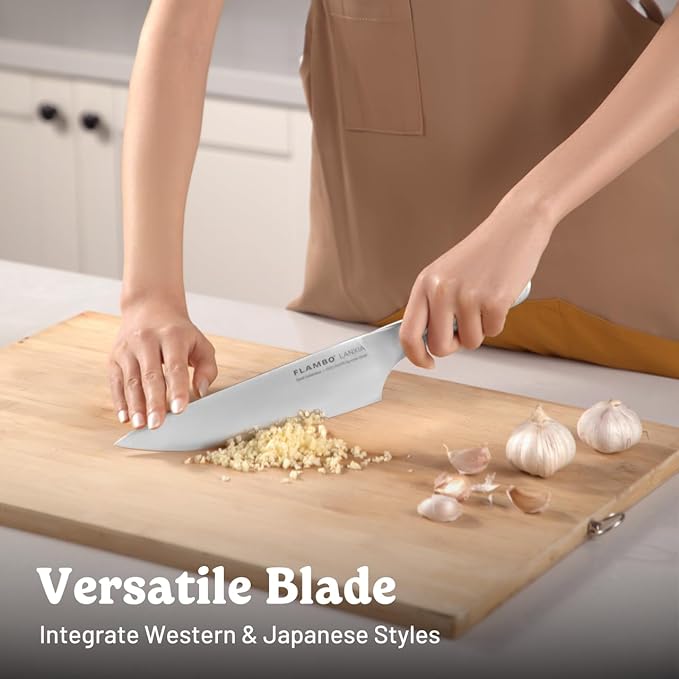 Flambo 8 Inch Chef Knife - Premium German Steel Kitchen Knives with Precision 15° Edge, Easy to Hold Ergonomic All-Metal Handle, Lightweight, Balanced, Easy to Clean Kitchen Knife