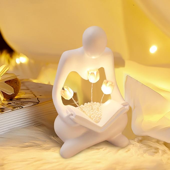 Reading Women Statue with Tulip Lamp, Thinker Sculptures with Night Light, Abstract Art Ornament, Modern Aesthetic Figurine Decoration for Home Living Room Bedroom Office Table Desk Bookshelf Decor