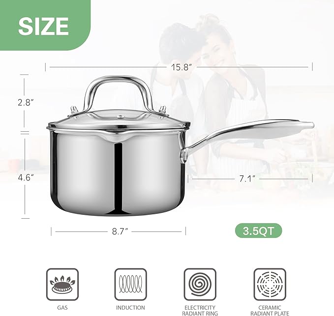 3.5 Quart Stainless Steel Pot Saucepan with Glass Strainer Lid, Sauce Pot with Two Side Spouts, Induction Cooking Pot, Multipurpose Sauce Pan with Lid for Cooking(Tri-Ply Full Body)