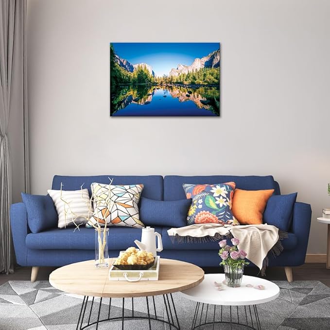 SKASNFAI Yosemite National Park Canvas Wall Art Forest Artwork Blue Lake Picture Prints Framed Home Decor for Bedroom Living Room (12x16 inch)