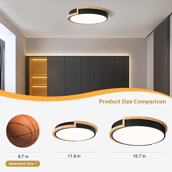 Dimmable Wood Flush Mount Ceiling Lights, Modern LED Black 5CCT 2700K-6000K Lighting Fixtures, Round Ceiling Lamp for Kitchen Living Room Dining Room Bedroom, 15.8in