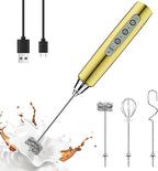 YUSWKO Champagne Gold Handheld Milk Frother Wand for Coffee, Rechargeable Electric Whisk with 3 Heads 3 Speeds Drink Mixer Coffee Frother For Latte, Cappuccino, Hot Chocolate, Egg