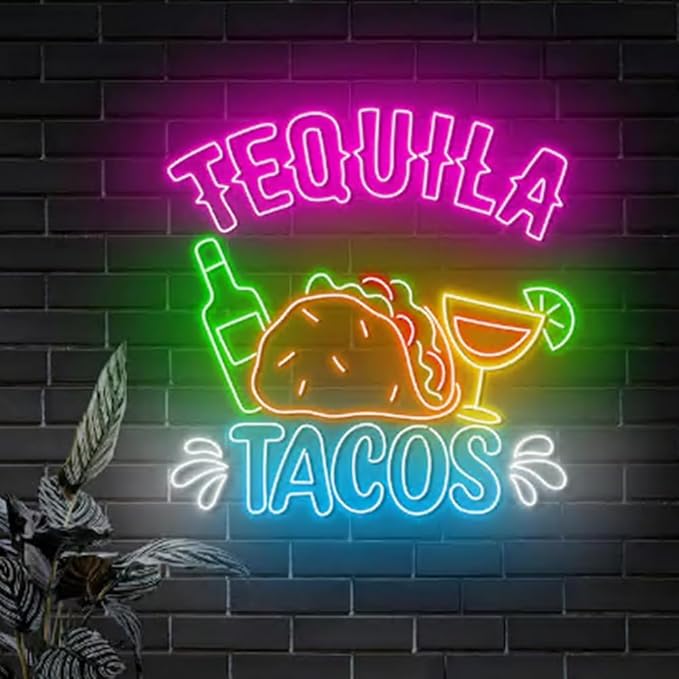 Tequila Tacos Neon Sign, Tacos Tequila Restaurant Led Sign, Mexican Restaurant Wall Decor, Mexican Tequila Cocktail Bar Pub Wall Art Size:23inch