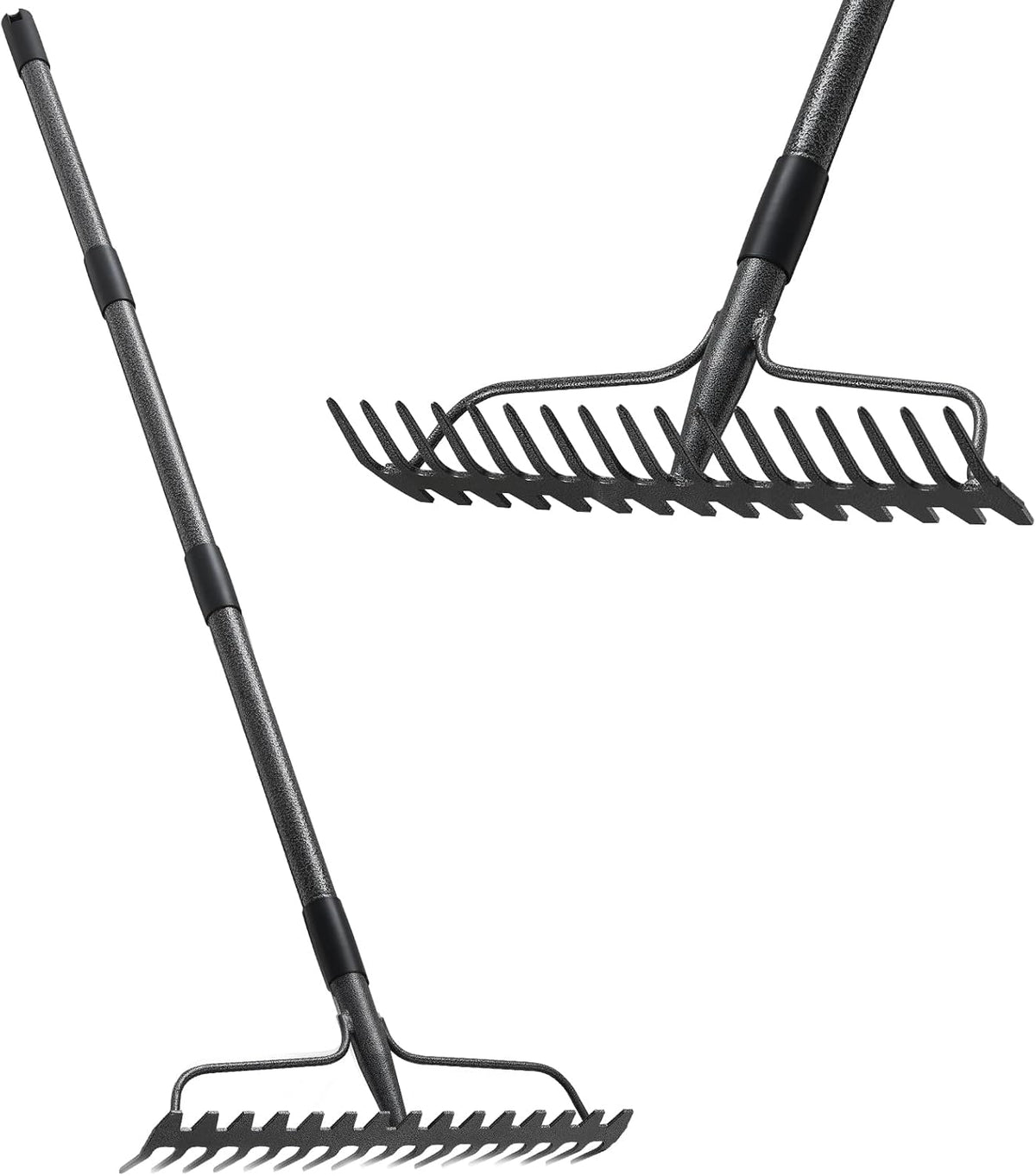 Bow Rakes for Lawns, 17 Prongs 17" Wide Heavy Duty Metal Garden Rake Long Handle 50", Adjustable Rock Yard Thatch Rake for Leaves Gardening Loosening Soil Mulch Gathering Leaf