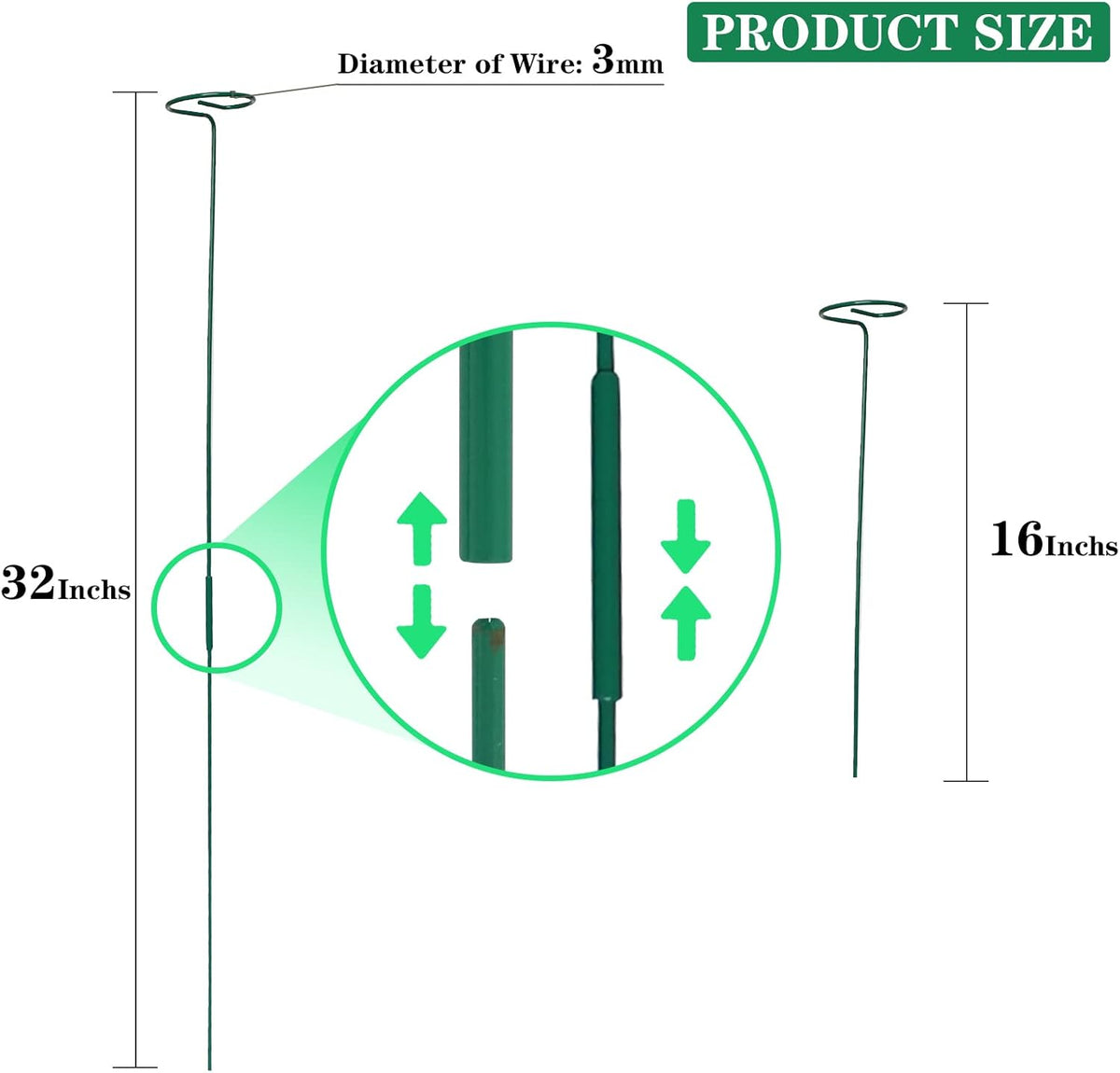 12 Pack Plant Stakes,Plant Support Stakes for Two Sizes(16 or 32 Inches),Plant Stakes for Outdoor Plants,Garden Flower,Tomato(Green)
