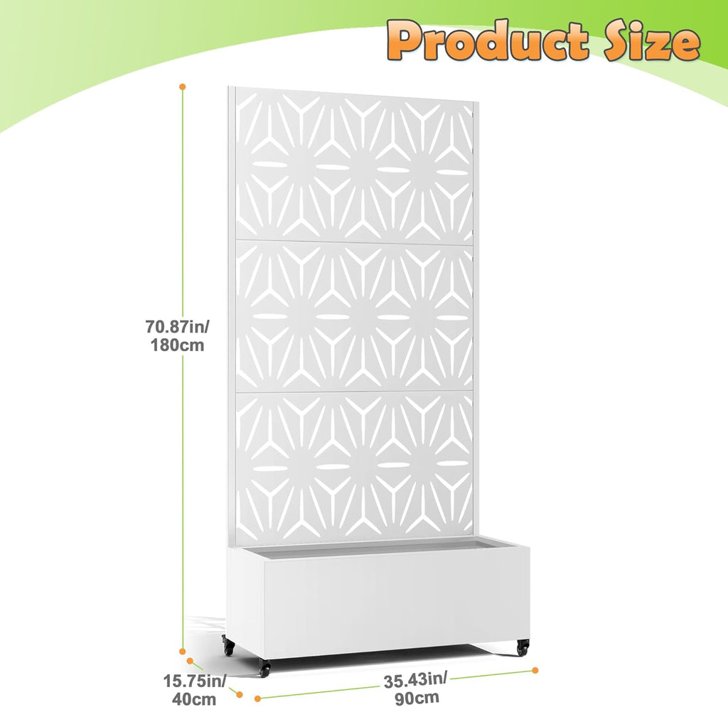 Metal Raised Garden Bed with Trellis, 2-in-1 Planter Box & Privacy Screen for Climbing Plants, Outdoor Standing Flower Bed with Drainage Holes, 35.4" L x 15.7" W x 70.1" H, White-Star