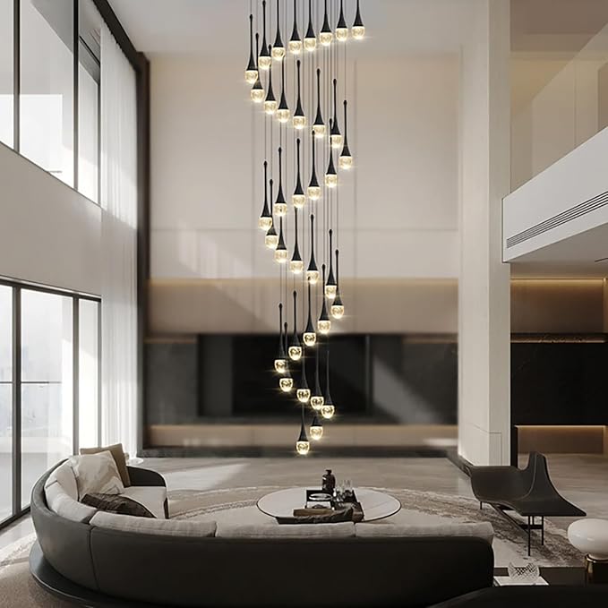 H150'' High Ceiling Chandeliers for Entryway 36-Lights Black Spiral Crystal Chandelier Modern Raindrop Chandeliers for Villa Staircase,Hanging Light Fixtures for High Ceiling