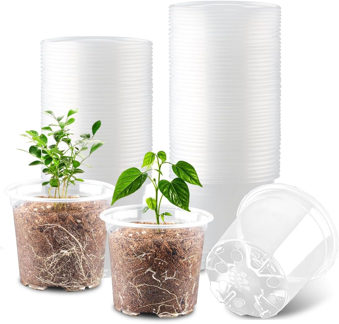 100 Pack 4 Inch Clear Plant pots with Drainage Holes, Transparent Nursery Seeding Pots, Flexile Seeds Starter Pots, Seeds Germination (4Inch,100P,Clear)
