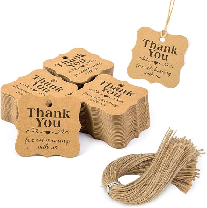 SallyFashion 150 PCS Thank You Brown Gift Tags with String, 2 x 3 Inches Paper Gift Tags for Party Favors Weddings, Bridal and Baby Showers Birthdays