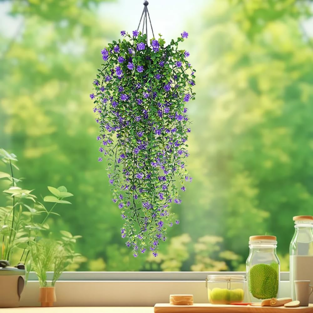 WEISPARK Artificial Hanging Flowers, 9pcs Fake Eucalyptus Vine Faux Flower Greenery Garland Plastic Plants for Indoor Outdoor Wall Garden Wedding Home Party Decor (9pcs Purple)