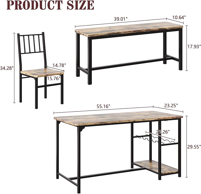 Dining Table Set for 4, Kitchen Table and 2 Chairs for 4 With Bench, Dining Table Set With Built in Wine Rack&Wine Glasses Holder, Storage Shelves for Small Space, Apartment, Kitchen, Rustic Brown