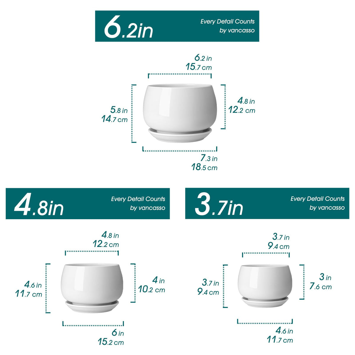 vancasso 3-Pack Ceramic Plant Pots, 3.7/4.8/6.2 Inch Indoor Planters with Saucers & Drainage Hole Planter pots for Indoor Plants and Flower, White