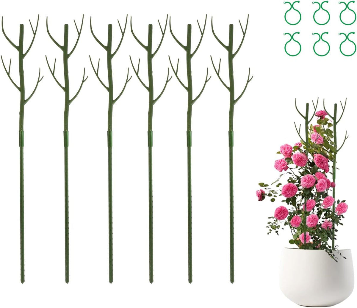 28 Inch Garden Plant Trellis for Indoor Plants, 6 Pack Plastic Trellis Support Stakes for Climbing Plants or Houseplants, Branch Shaped, Green