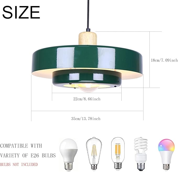 Plug in Pendant Light Green Modern Pendant Lamp E26 Vintage Hanging Light Fixture with 14ft Cord On/Off Switch for for Dining Room Bedroom Living Room Kitchen Island