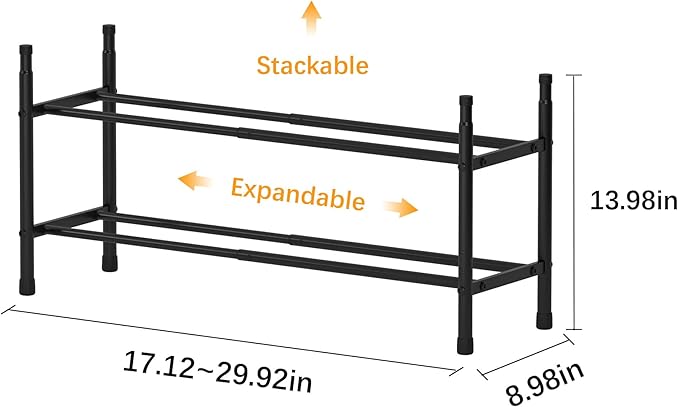 TZAMLI 2-Tier Shoe Rack for Closet, Expandable and Stackable Shoe Organizer Adjustable Metal Shoe Storage Small Shoe Shelf for Entryway Entrance, Black