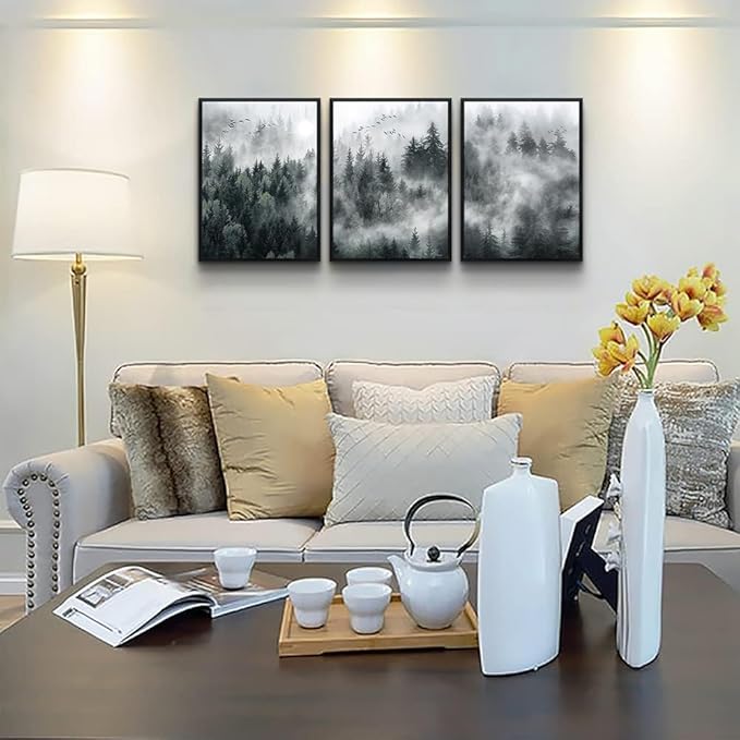 MHARTK66 Black Framed Wall Art For Living Room Modern Decorations Bedroom Foggy Forest Trees Landscape Painting Office Decor Home Ready To Hang a Pictures Of 3 Piece Prints