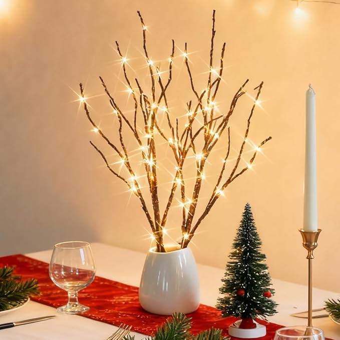 BAOLITVINE Lighted Willow Branches with Timer 70 Fairy Lights 18IN, Brown Twig Branch Lights for Indoor Outdoor Home Fireplace Christmas Decorations