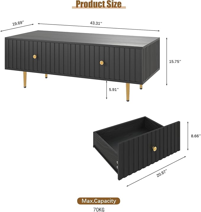 Modern Coffee Table with Storage with 2 Big Drawers, Black Rectangle Coffee Table for Living Room, Wooden Fluted Table Accent Tea Table for Living Room Apartment Small Space