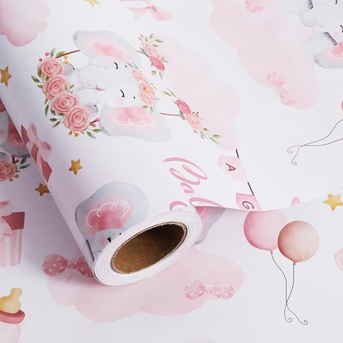 Aimyoo Pink Baby Shower Wrapping Paper Roll - 17 Inch X 32.8 Feet - Cute Elephant with Baby Girl Letter Design Perfect for Girls, Birthday, Party