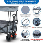 SKYMANOR Collapsible Wagon with Removable Canopy, 3-in-1 Heavy Duty Garden Cart with Big All-Terrain Wheels, Brakes, Adjustable Push Pull Handle, Cooler Bag, 300LBS Wagon Cart for Camping (Grey)