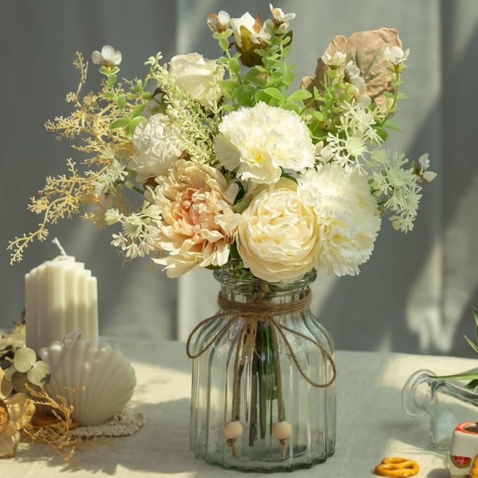 LESING Fake Artificial Flowers with Vase Faux Silk Flower Bouquet in Glass Vase Rose Floral Arrangements Flower for Home Office Decoration, Dining Table Centerpiece (White)