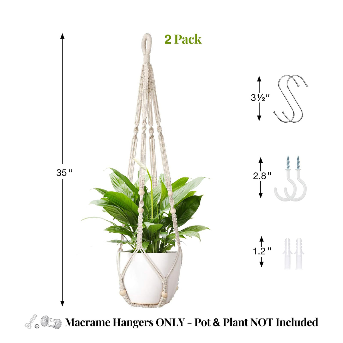 LEWESU Macrame Plant Hanger Indoor Set of 2 with 4 Hooks, Indoor Outdoor Hanging Planter for Plants Holder with Decorative Wood Beads & No Tassels, Boho Home Decor, 35 Inch Ivory (Pots Not Included)