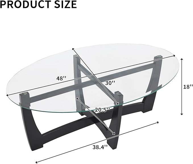 48" Oval Glass Coffee Table with Tempered Glass Top Cross and Solid Wood Base Simple & Modern Center Table for Living Room Office Apartment Black