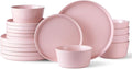 AmorArc Ceramic Dinnerware Sets for 6, Modern Flat Stoneware Plates and Bowls Sets,Chip and Crack Resistant | Dishwasher & Microwave Safe Dishes Set,Scratch Resistant- Service for 6 (18pc)-Matte Pink