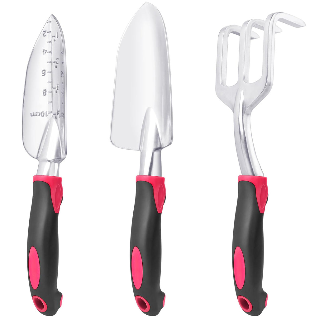 Garden Tools Set, 3 Pack Heavy Duty Gardening Tools Set Include Garden Shovel, Transplant Trowel and Hand Rake with Ergonomic Handle, Aluminum Alloy Lawn for Planting Tools, Red