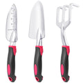 Garden Tools Set, 3 Pack Heavy Duty Gardening Tools Set Include Garden Shovel, Transplant Trowel and Hand Rake with Ergonomic Handle, Aluminum Alloy Lawn for Planting Tools, Red