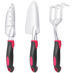 Garden Tools Set, 3 Pack Heavy Duty Gardening Tools Set Include Garden Shovel, Transplant Trowel and Hand Rake with Ergonomic Handle, Aluminum Alloy Lawn for Planting Tools, Red