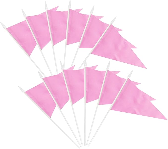 12 Pack Pink Pennant Flags Small Mini Hand Held Solid Color Pennant On Sticks Flags with 12.6"Solid Pole & Spear Top,Party Events Celebration,School,Grand Opening,Kids Birthday,Sports Clubs,Flower Pot