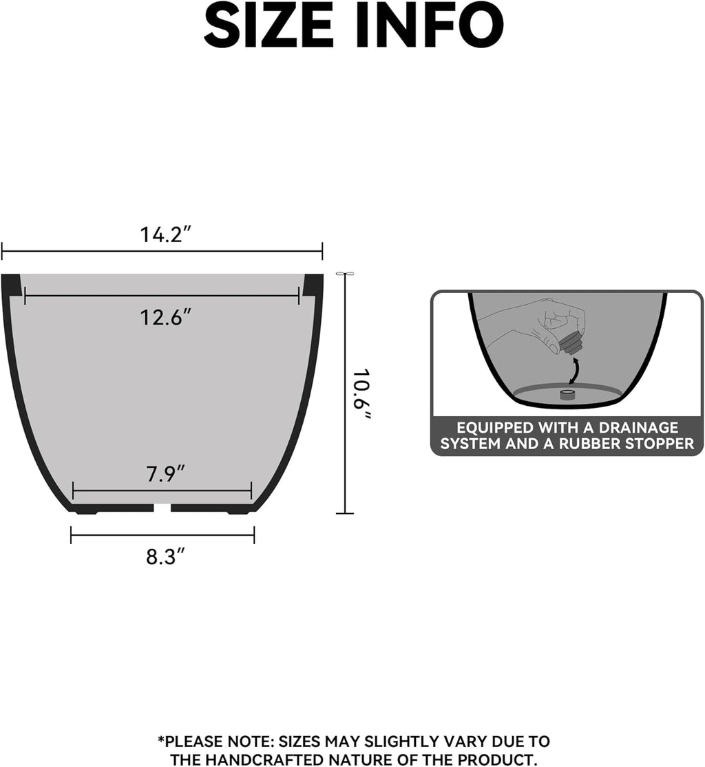 Kante 14.2 Inch Round Concrete Planter - Classic Large Indoor/Outdoor Plant Pot with Drainage Hole and Rubber Plug, Suitable for Gardens and Patios, White Finish with Aqua Blue Interior